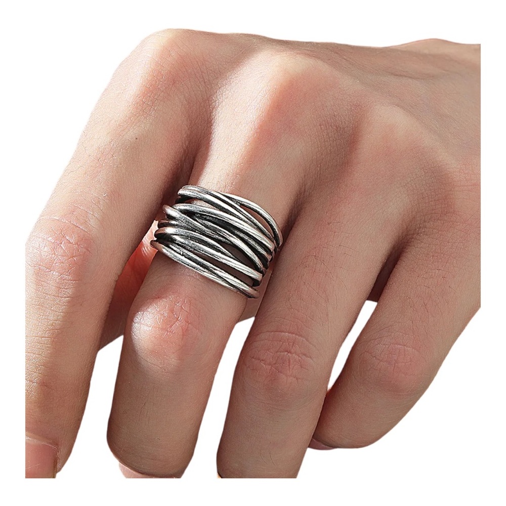 Men’s Gothic Curve Ring  Antique Silver Elegance Adjustable